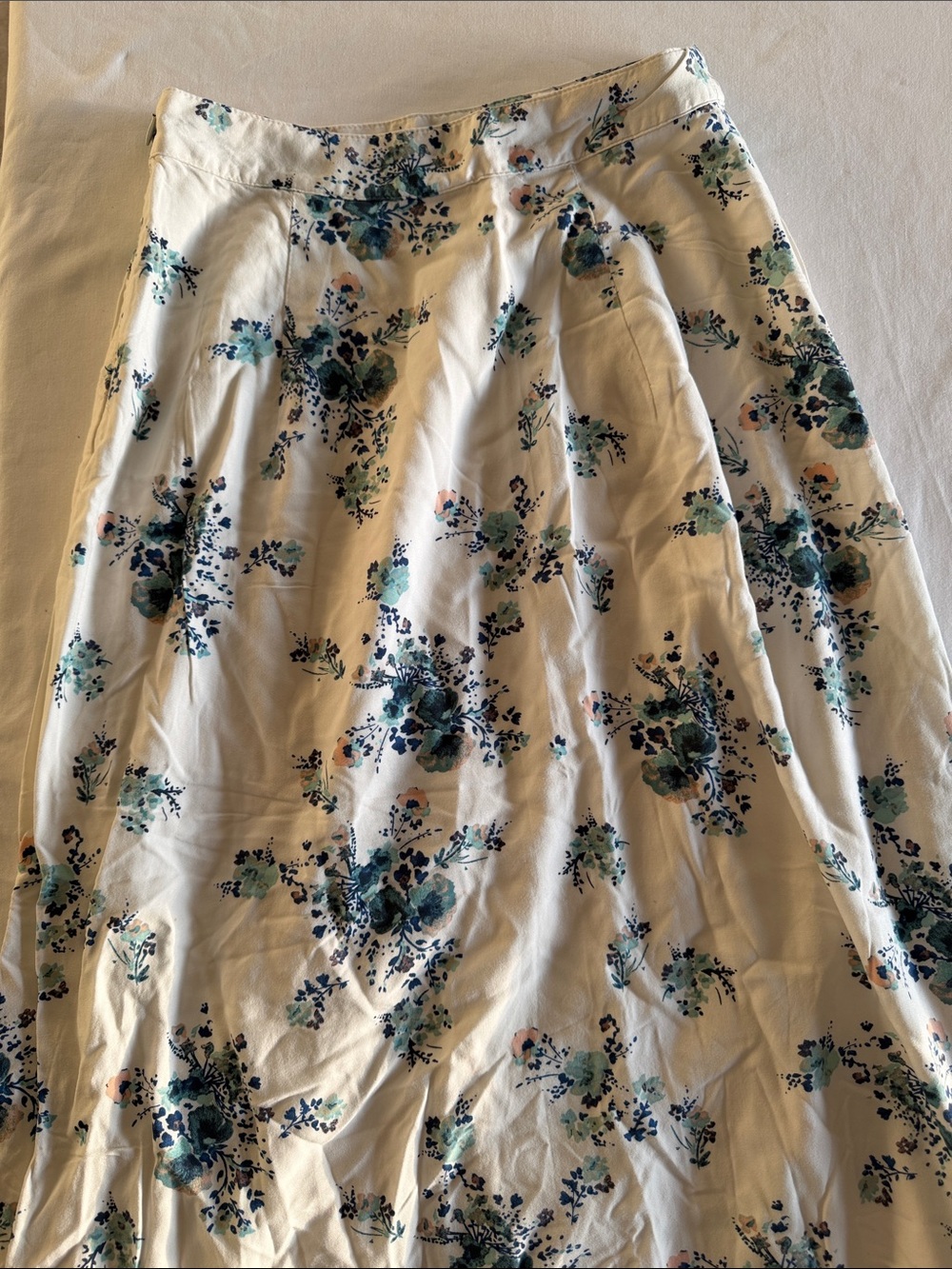 Floral A-Line White Midi Skirt with Blue Print